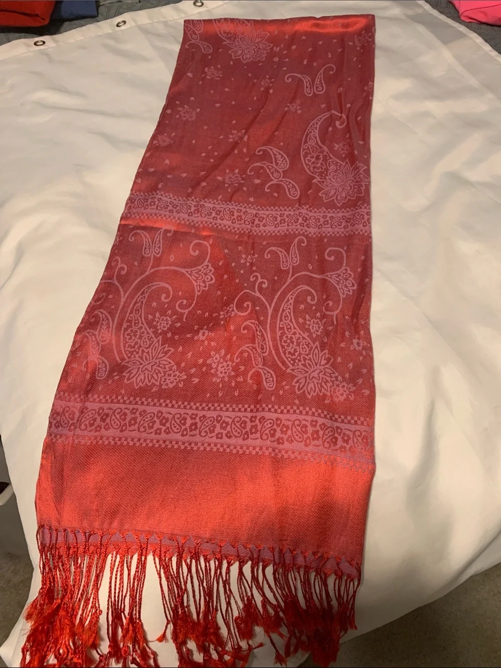 Red Paisley Floral print Pashmina Scarf with fringe